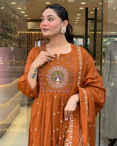 Elegant Rust Orange Anarkali Suit With Intricate Embroidery