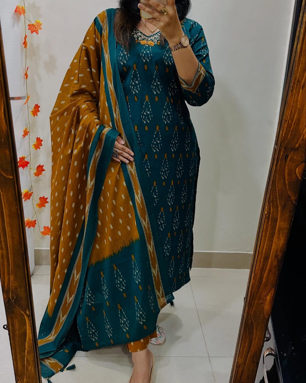 Premium Ajrak Cotton Suit Set – Teal & Mustard Ikat Print | Kurti, Pant & Dupatta