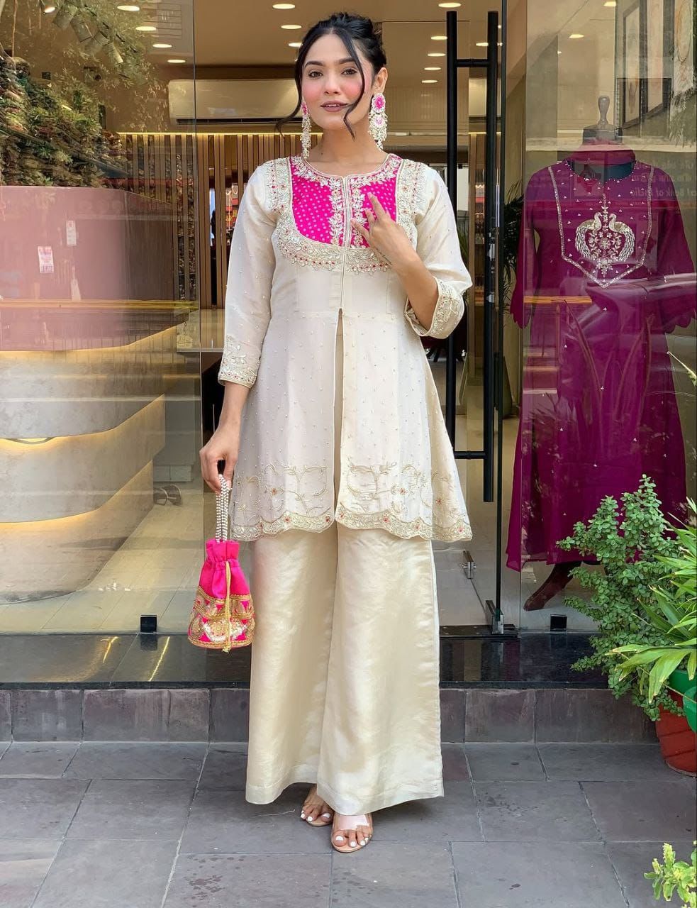 Ivory & Fuchsia Embroidered Tunic Palazzo Set